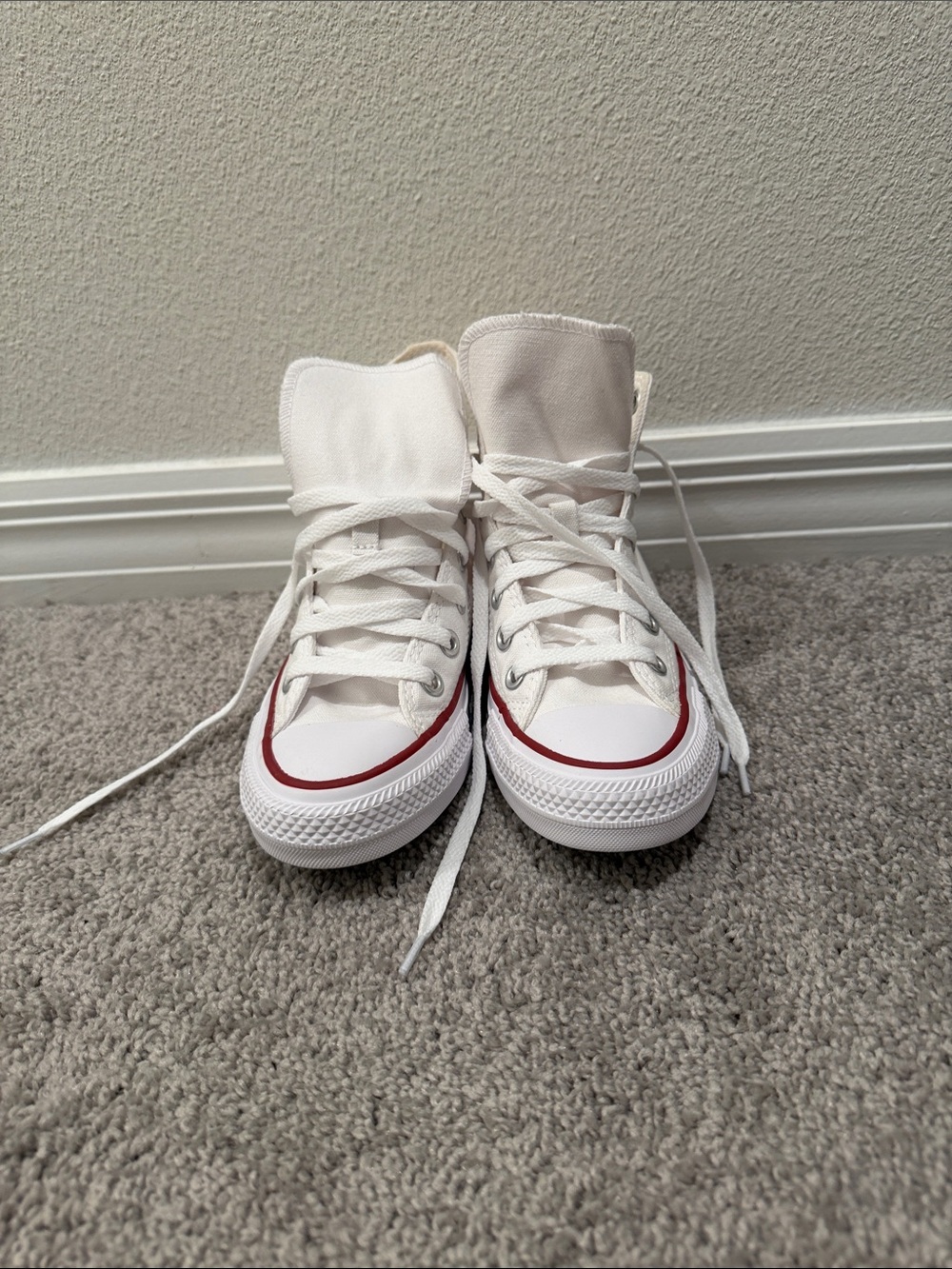 Kids High-Top Canvas Sneakers in White with Red Trim